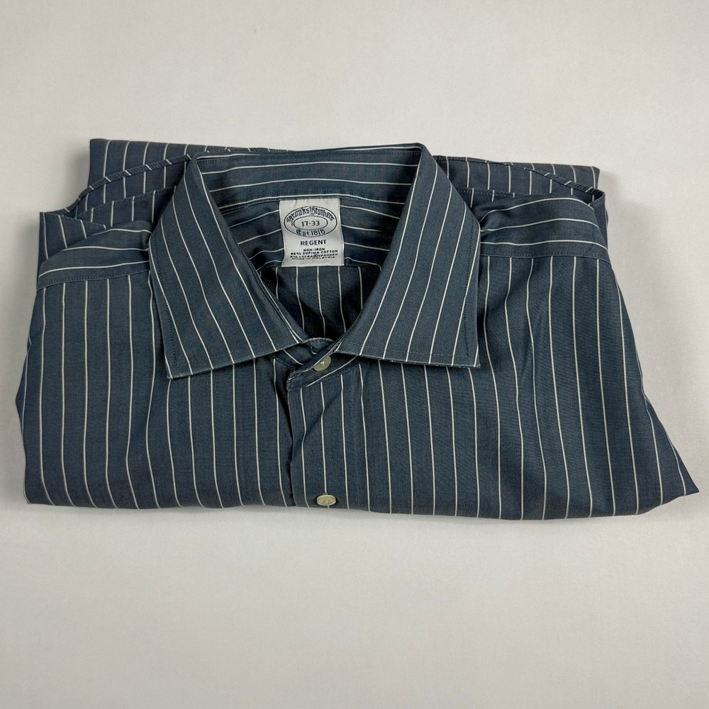 Brooks Brothers Regent Dress Shirt 17-33 Blue White Stripe Supima Cotton Stretch - Picture 3 of 7